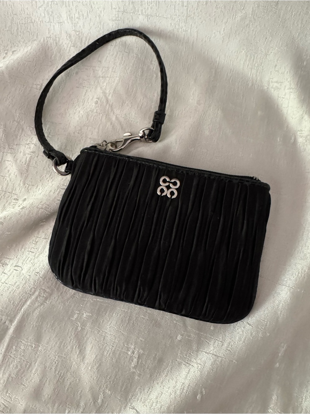 Coach Black Pleated Satin Wristlet Clutch with Silver-Tone Logo